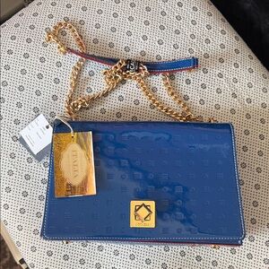 Luxurious Blue Crossbody Bag with Gold Chain Made in Italy